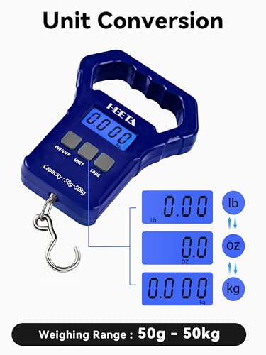 HEETA Fish Scale, 110lb/50kg Digital Portable Hanging Fishing Weight Scale with Backlit LCD Display, Luggage Scale with Hook, Non-Slip Large ABS Handle & 2 AAA Batteries, Fishing Gifts Gear for Men - color: Blue