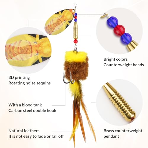 THKFISH Musky Pike Walleye Fishing Lure, Rooster Tail Fishing Lures with Hard Metal Brass Inline Spinner Baits with Tackle Box for Trout Bass Salmon Freshwater Saltwater Lures - color: Yellow&Orange, size: 1 oz---2pcs