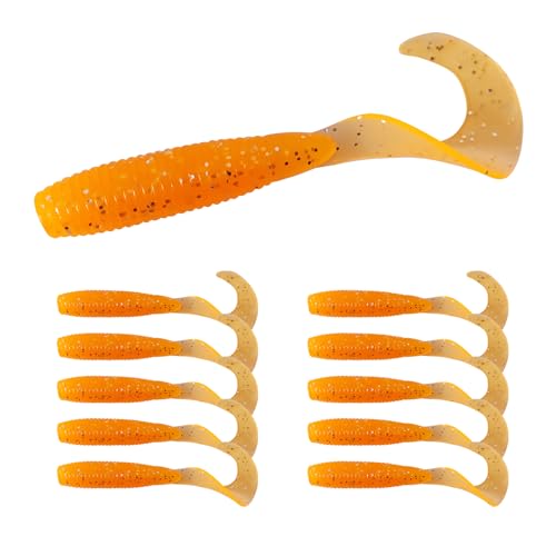 Eupheng Twist Tail Swimbait Fishing Lure, 2.3in/2.7in/4in/5.5in 100PCS Grub Saltwater Fishing Soft Bait Trailer for Bass Crappie Fishing - size: 4in(10cm)-10PCS-Orange