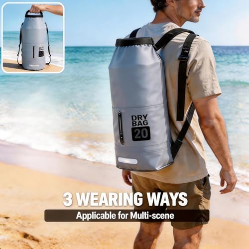 20L Waterproof Dry Bag - Floating Heavy Duty PVC Dry Sack - for Boating, Fishing & Beach - Backpack Style Waterproof Bag for Men & Women - color: Grey, size: 20L