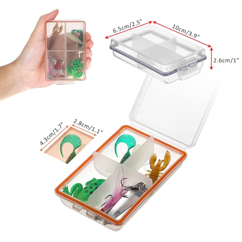 JUXYES 12 Pack Plastic Small Fishing Tackle Box Organizer with 4 Compartments, Clear Mini Fishing Tackle Storage Boxes with Dividers, Transparent Fish Pocket Tackle Storage Box Lure Box - size: 12 Pack