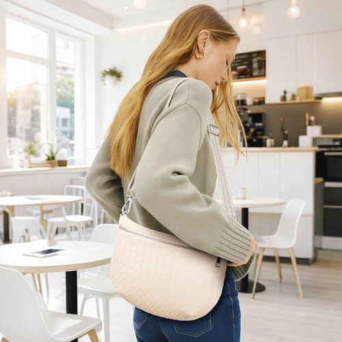 KALIDI Woven Crossbody Bags for Women Travel Vegan Leather Fanny Packs for Woman Cross Body Purse Fashion Belt Bum Bag with Wide Strap - color: Beige