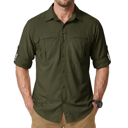 Men's Sun Protection Safari Fishing Shirts Long Sleeve UPF50+ UV Quick Dry Lightweight Cooling Hiking Travel - color: Olive Green, size: Large