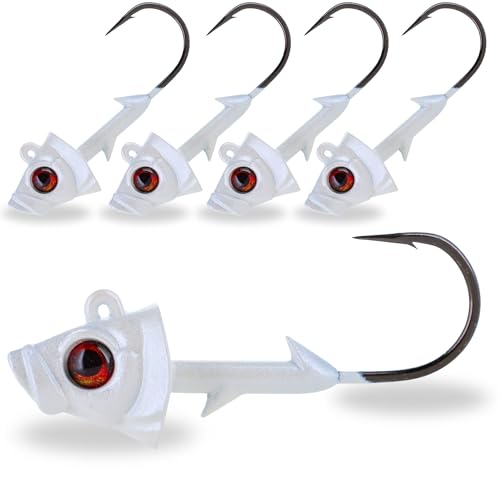 Reaction Tackle Swimbait Jig Heads with Weighted Hook - Realistic Fish Head Lures for Bass and Walleye - Soft Plastic Swimbait Heads for Freshwater and Saltwater (5-Pack) - color: White, size: 1/4 Oz