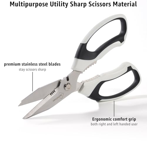 BoFuYuan 8-Inch Utility Scissors All Purpose Heavy Duty, Serrated Blade, White Comfort Grip for Cutting Carpet, Cardboard, Leather, Fabric, Multipurpose Sharp Shears for Kitchen, Garden, Office, Carft - color: White