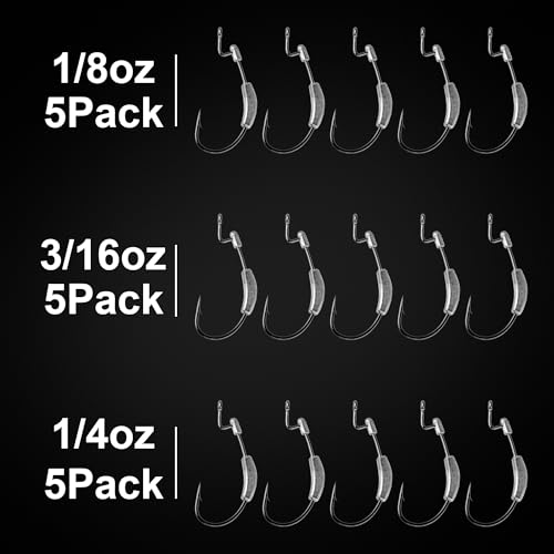 15 Pcs Weighted EWG Worm Hook, Weedless Fishing Swimbait Hooks Bass Fishing Freshwater Saltwater Assorted 1/8oz 3/16 1/4oz - size: Multi Size-15pcs