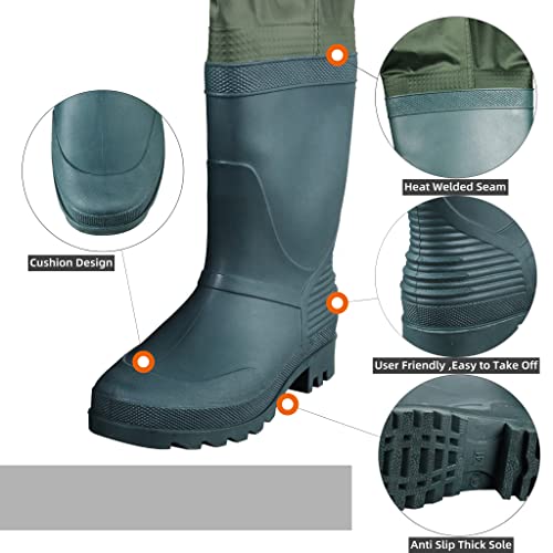 GREENWATER Fishing Chest Waders for Men Women with Boots Waterproof 2ply Nylon PVC Lightweight Bootfoot Waders for Hunting - color: Green