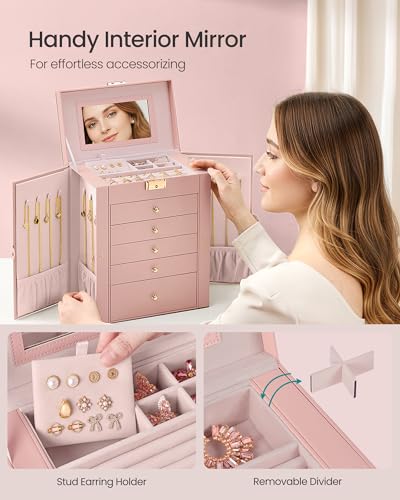 SONGMICS 6-Layer Jewelry Box Organizer with 5 Drawers, Jewelry Storage Case with Lock and Mirror, Large Storage Capacity, Gift for Loved Ones, for Necklaces, Watches, Jelly Pink UJBC152SA02S - color: Jelly Pink, size: 6 Tier