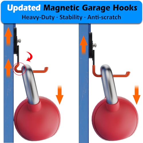 MUTUACTOR Updated Super Strong Magnetic Hooks,40lbs Anti-Scratch Large Garage Hooks for Hanging,2-Pack Magnetic Hooks Heavy Duty for Organizing Heavy Impact Drivers Trailer Cord Garden Tool Box - style: Updated 3.46in Magnet L Red Hooks 2PCS