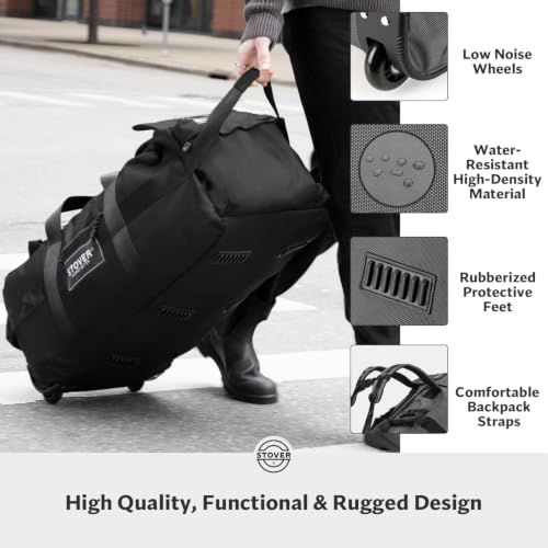 STOVER 45/80/100L Rolling Duffel Bag with Wheels, X-Large Durable Travel Duffle + Toiletry Bag, Heavy Duty, Packable with Shoulder Straps- Use as Luggage or Backpack, Men/Women (Black) - color: Black