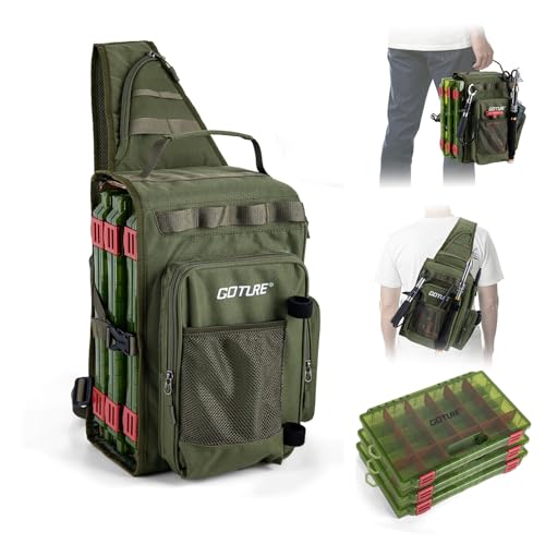 Goture OpenSide Tactical Sling Tackle Bag with 3 Tackle Trays, Lightweight Fishing Backpack Storge Fishing Gear - Green Bag Outdoor,Gift for men - color: Green, size: Small bag with 3600 trays, style: Bag + Fishing Boxes(handle)