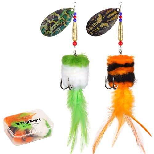 THKFISH Musky Pike Walleye Fishing Lure, Rooster Tail Fishing Lures with Hard Metal Brass Inline Spinner Baits with Tackle Box for Trout Bass Salmon Freshwater Saltwater Lures - color: Green&Orange, size: 1 oz---2pcs