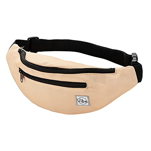 Vibe Festival Gear Rave Fanny Pack for Women Men – Festival, 4 Pockets, Adjustable Strap, Cute Waist Bag, Crossbody Belt Bag, Hiking, Running, Cycling - color: Beige, size: Fits Most