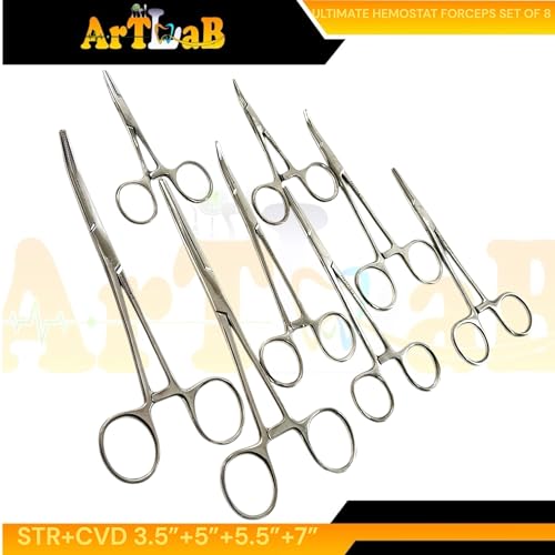 ArtLab-Ultimate Hemostat Forceps Set of 6-Straight & Curved Hemostat Forceps Locking Clamps Stainless Steel Full Serrated Jaws-Ideal for Nurses,Firefighters,Fishing (Set of 8-3.5"+5"+5.5"+7"(Str+Cvd))