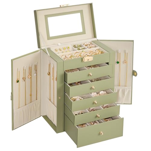 SONGMICS 6-Layer Jewelry Box Organizer with 5 Drawers, Jewelry Storage Case with Lock and Mirror, Large Storage Capacity, Gift for Loved Ones, for Necklaces, Watches, Sage Green UJBC152CE01S - color: Sage Green, size: 6 Tier