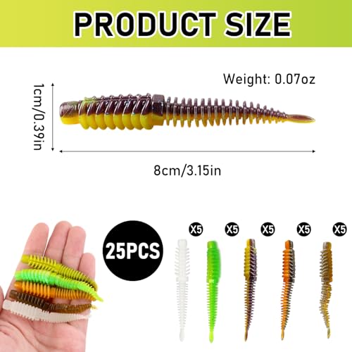 25 Pcs Finesse Worms for Bass, 3.14" Shaky Head Worm Lures, Soft TPE Bionic Baits Flexible Split Rig for Drop Fishing, Coral Reef Freshwater Species (5 Colors)