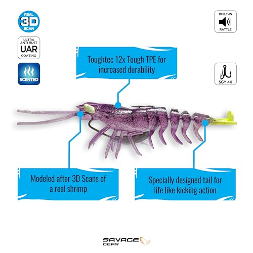 Savage Gear Manic Shrimp V2 Soft Plastic Fishing Bait, Realistic Contours, Colors and Movement, Durable Construction, Weighted Ultra-Sharp Jig Hook - color: Purple Chartreuse, size: 3 in - 1/4 oz