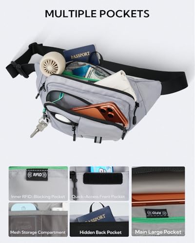 WATERFLY Fanny Pack Waist Bag: 3L Waist Pack with Anti-Theft RFID Blocking, 9 Pockets & Adjustable Belt Water Resistant Hip Pack for Women Men Travel Hiking Running - color: Grey