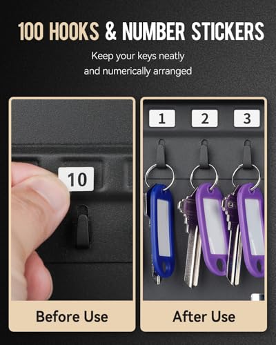 Uniclife 100 Position Key Cabinet with Key Lock Wall Mounted Black Security Storage Box Steel Key Organizer with Colorful Key Tag Labels Stickers and Hooks - color: Black, size: 100-Key
