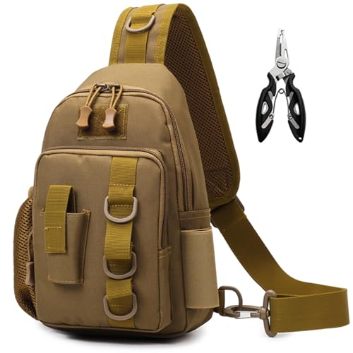 Fishing Sling Bag - Small Fishing Tackle Storage Bags with Rod Holder (Tan) - color: Tan