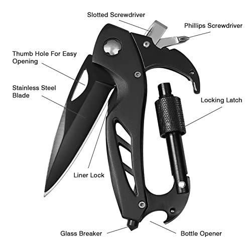 FUNBRO Multitool Carabiner with Pocket Knife, Stocking Stuffers Gifts for Men, EDC Carabiners with Folding Knives, Bottle Opener, Window Breaker and Screwdriver, Survival Gear for Camping Hiking - color: Black