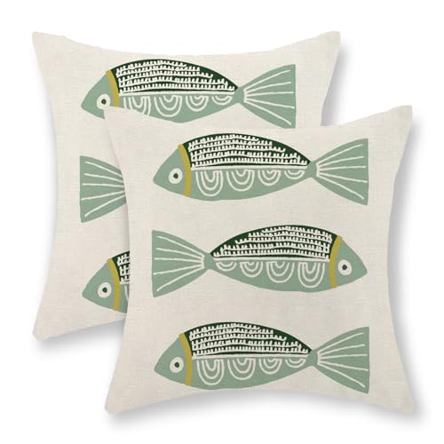 Coastal Pillow Covers 18x18 Inch Set of 2 Ocean Beach Green Fish Throw Pillows Summer Nautical Outdoor Decorative Pillow Cases Linen Farmhouse Cushion Cover for Couch Home Sofa Bedroom Decor - color: Green Fish, size: 18" x 18" (Pack of 2)
