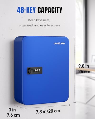 Uniclife 48 Keys Lock Box for Keys with Code, Wall Mount Key Lock Box with Code, Lockbox for Keys, Key Lockbox with Tags, Key Cabinet, Key Storage Box for Home Office & Company, Blue - color: Blue, size: 48 Keys
