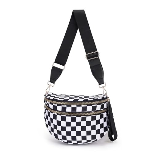 Crossbody Bags for Women, Spacious Nylon Belt Purse Fanny Packs, Crescent Oversized Checkered Bum Bag (Checkered - Black White) - color: Checkered - Black White