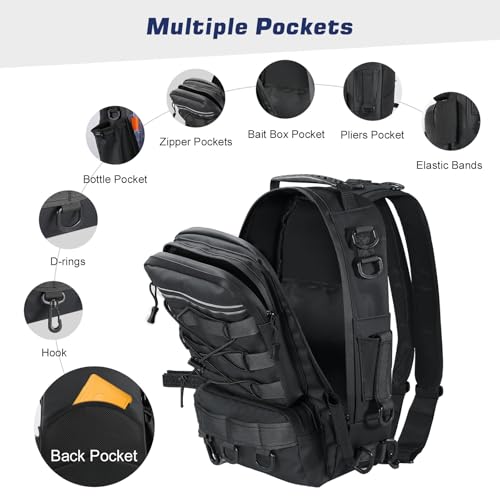 MoKo Fishing Backpack Sling Bag with Rod & Gear Holder, Nylon Waterproof Fishing Tackle Storage Bag for Fishing
