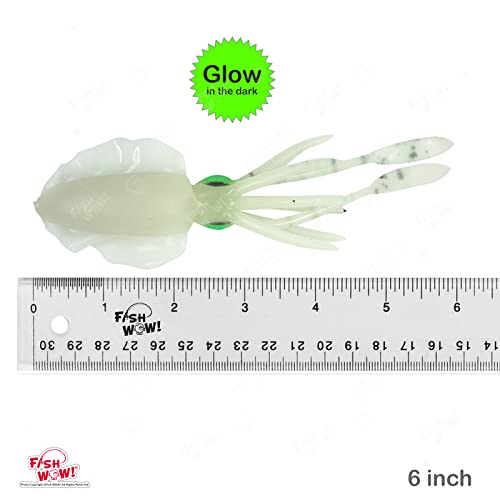 5pcs Chartreuse Glow Fish WOW! 6" Chase Squid Skirt Luminous Realistic Squid Octopus baits 3D Large Eyes Premium Quality Soft Plastic Fishing Lures Green