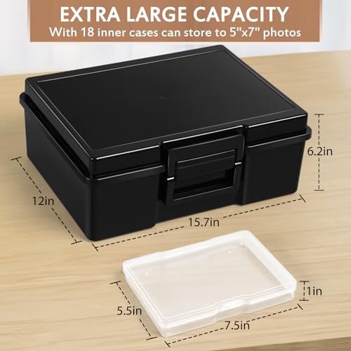 Photo Storage Box 5 x 7 Inches, 18 Inner Extra Large Photo Organizer With Dividers, Acid-Free Photo Storage Containers, Craft Storage Box for Protect Photos, Crafts, Stamps etc - color: Black+Clear