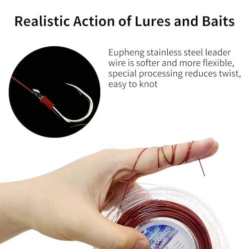 Eupheng Nylon Coated 1x7 & 7x7 Stainless Steel Leader Wire, Knottable Fishing Wire Leader Line for Saltwater, 20lb - 135lb Test in Black, Red in 30ft, 100ft Lengths, with Crimps Sleeves - color: 1x7 Red, size: 30 ft / 60 lb