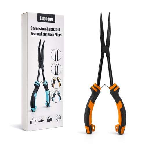 EUPHENG 11in Fishing Long Nose Pliers Carbon Steel Corrosion Resistant PTFE Coated Hook Remover Saltwater & Freshwater with Return Spring Needle Nose Pliers Straight & Bent Jaws for Bass Snook Trout - color: Orange（Straight Nose）