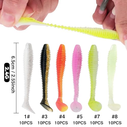 Eupheng 2.5inch/3inch Paddle Tail Swimbaits, T-Tail Ribbed Soft Plastic Fishing Lures for Bass Trout Crappie Walleye Saltwater Freshwater Fishing - size: 2.5 inch - 60 PCS