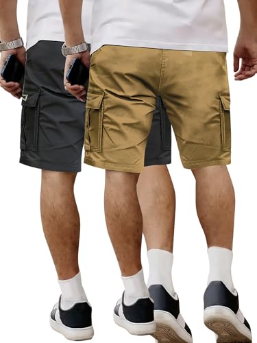 Hidkat Men's Lightweight Cargo Shorts with Drawstring-Breathable,Comfy Casual Outdoor Shorts for Hiking Gym Workout - color: 2 Packs Black+brown, size: Large