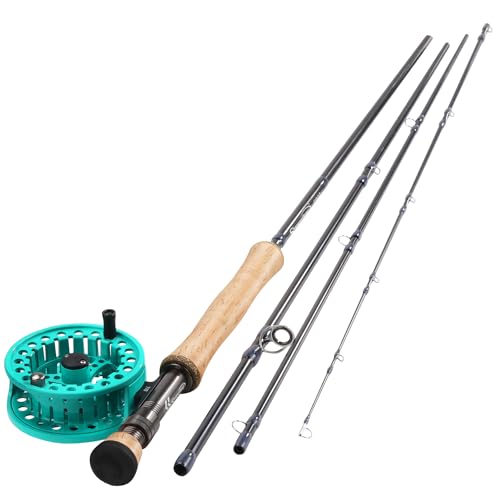 Sougayilang 5/6 Weight 9ft Fly Rod, 4-Piece Graphite Rod, Die Cast Aluminum Reel, Carrying Case, Fly Box & Fishing Flies Combo Starter Kit - color: Fly Fishing Combo #8-Turquoisee