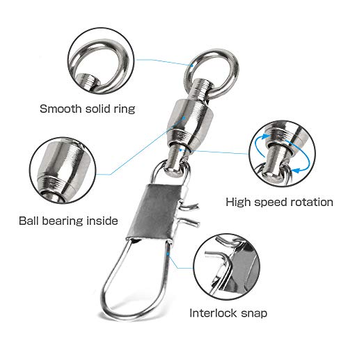 AMYSPORTS Fishing Swivels with Interlock Snap Ball Bearing Swivels Fishing Snap Swivels Saltwater Freshwater Fishing Tackle Leader Lure Jigs Line Fishing Connector - size: size0 (20lb) 50 pcs