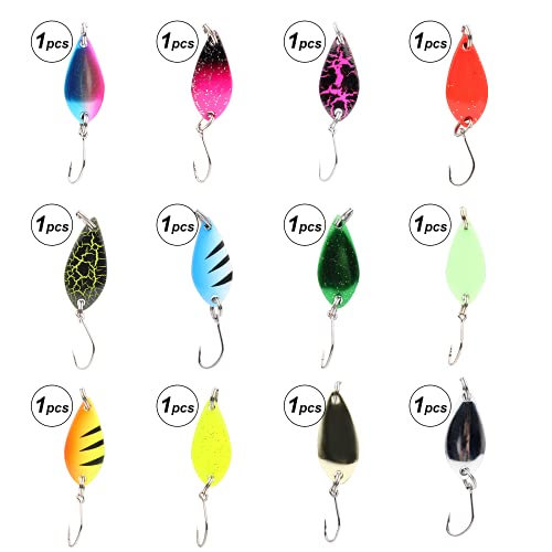 Fishing Lures,Fishing Spoons, Colorful Casting Fishing Spinner Hard Baits Tackle Single Hook for Trout Bass Salmon Freshwater Saltwater with Metal Hooks - color: 12pcs Multiple Colors