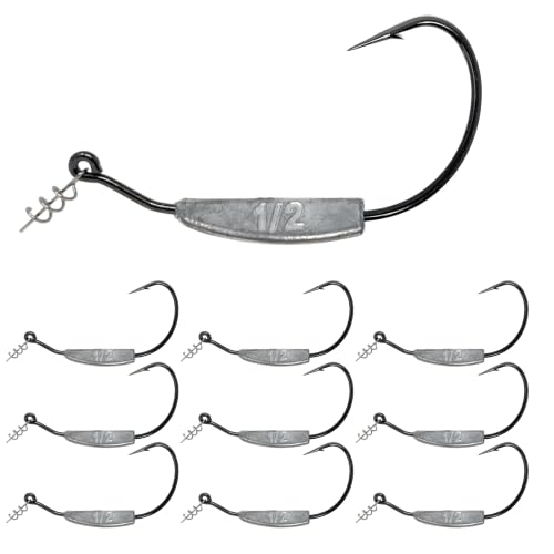 Reaction Tackle Weighted Swimbait Hooks - Weedless Belly Weighted Hooks with Twist Lock Bait Keeper for Soft Plastic Swimbaits - Bass Fishing Hooks (10-Pack) - size: 1/2oz 10/0