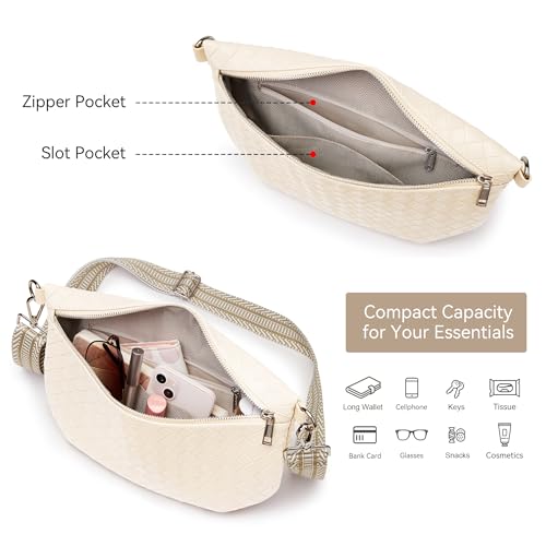 KALIDI Woven Crossbody Bags for Women Travel Vegan Leather Fanny Packs for Woman Cross Body Purse Fashion Belt Bum Bag with Wide Strap - color: Beige