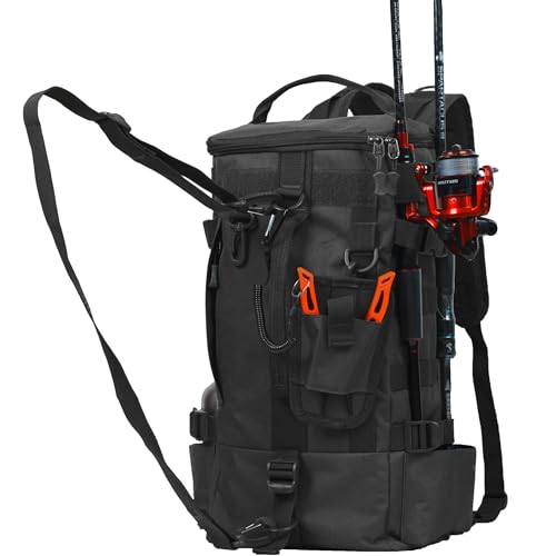 kokkoya Small Fishing Bag Tackle Backpack with Rod Holder 16L Lightweight Backpack for Fishing Hiking Kayaking Outdoor Gear Storage for Men (Black) - color: Black