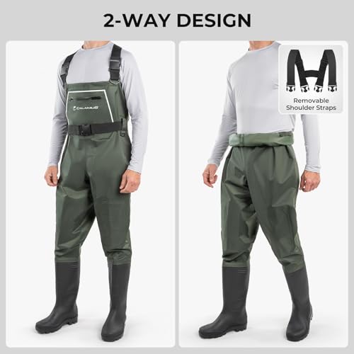 Calamus WaveWalker Fishing Waders for Men & Women, 100% Waterproof PVC Waders with Slip-Resistant Boots, Tear-Resistant Nylon - color: Military Green, size: 11