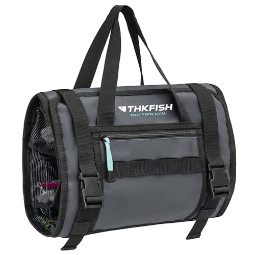 THKFISH Big Bait Bag, Roll-Up Large Trolling Lure Bag for Big Baits with 7 or 8 Heavy Duty PVC Protective Cover Pockets, Mesh Cleaning & Drying Tabs - size: Medium