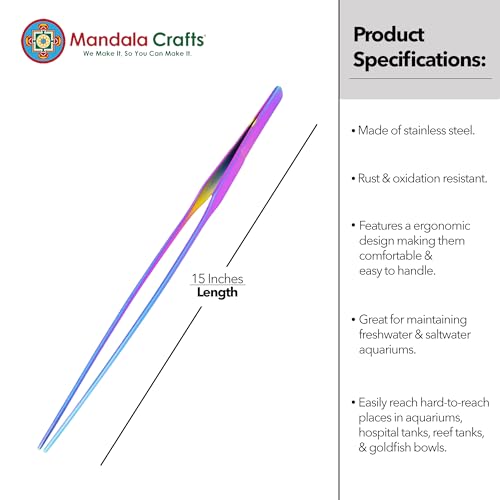 Mandala Crafts Rainbow Straight Aquarium Tweezers for Fish Tanks | 15 Inch Forceps, Rust Resistant Stainless Steel, Trimming Aquatic Plants, Bowls, Terrariums, Freshwater & Saltwater Aquascape - color: Rainbow Straight Tweezers, size: 15 Inches