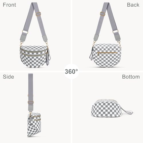 Checkered Nylon Crossbody Bag Bum Bag for Women Mom Large Checkered Fanny Packs with Adjustable Strap - color: Light Grey Checkered