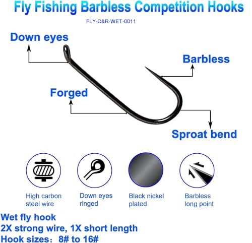 EUPHENG Barbless Fly Fishing Hooks Dry Nymph Wet Shrimp Jig Hooks for Fly Tying Assorted with Waterproof Hook Box - style: 9221-wet Hooks Qty 200