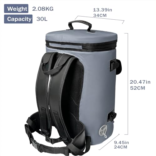 Buffalo Gear Fish Cooler Backpack 32Qt Waterproof Fishing Backpack Cooler Portable Fish Bag, Keep Ice Cold More Than 24 Hours - color: Grey