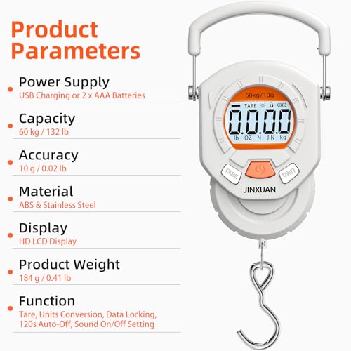 Fishing Scale Luggage Scale 132lb/60kg Digital Fish Scale, Fish Weight Scale with Backlit LCD Display, Luggage Weight Scale with 4 Units, 2 AAA Batteries, Hanging Scale for Fishermen Travelers - style: Battery Powered