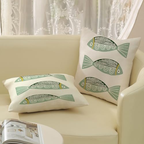 Coastal Pillow Covers 18x18 Inch Set of 2 Ocean Beach Green Fish Throw Pillows Summer Nautical Outdoor Decorative Pillow Cases Linen Farmhouse Cushion Cover for Couch Home Sofa Bedroom Decor - color: Green Fish, size: 18" x 18" (Pack of 2)