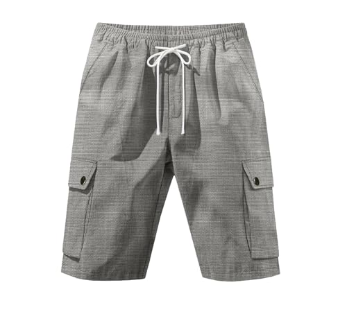 Mens Casual Linen Cargo Shorts Summer Fashion Solid Color Drawstring Elastic Waisted Beach Shorts Pockets - color: Dark Grey, size: XX-Large